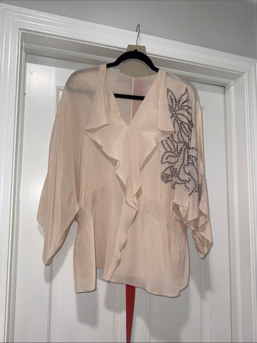 Anthropologie light tan Ruffle V-Neck Women's Top with embroidered Detail